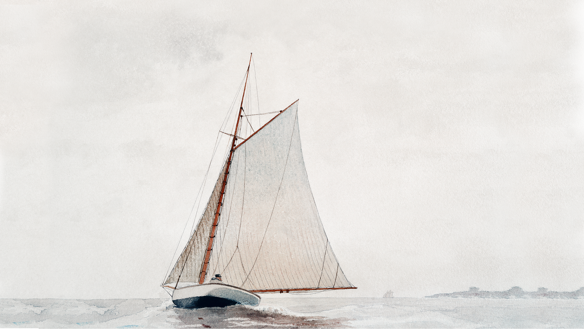 Sailboat on a lake with a white sky